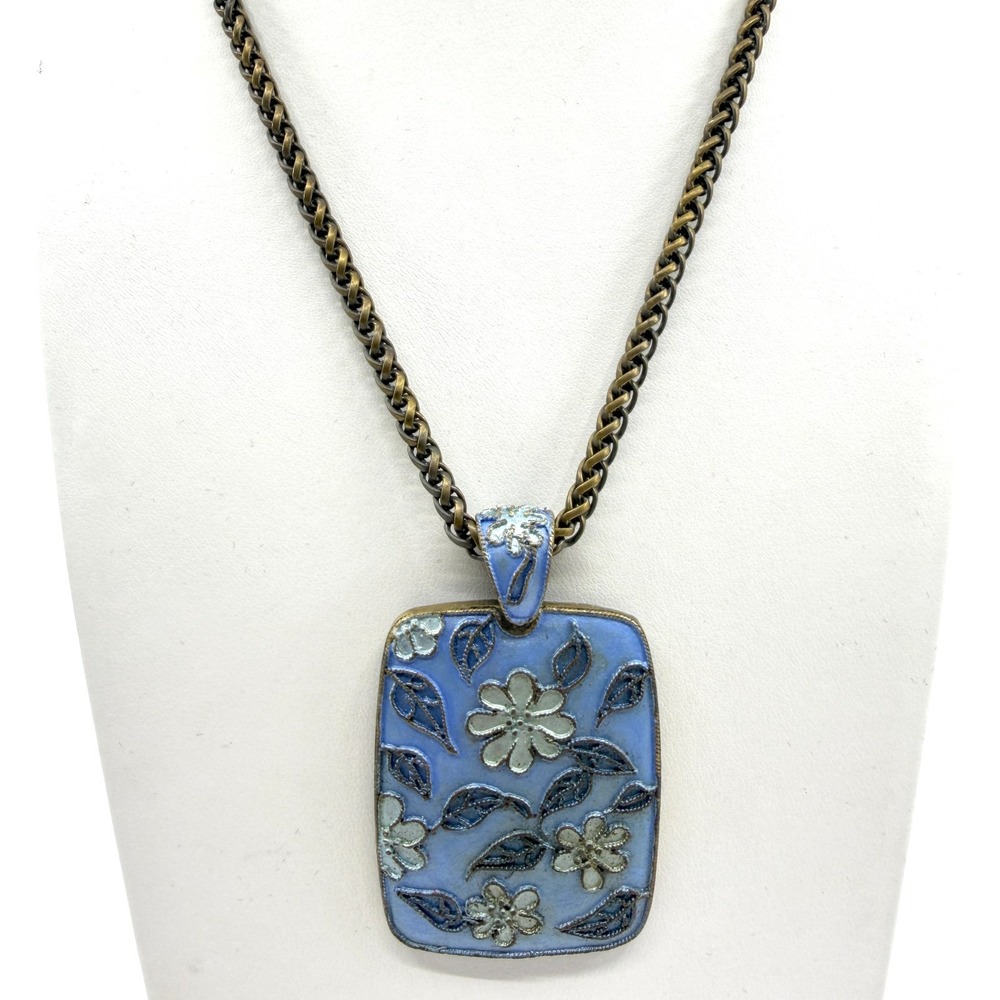 Blue Enamel Floral Pendant Necklace - Brass Tone Chain, Cottagecore Gift